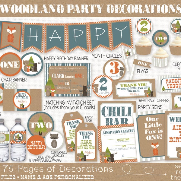 Woodland Birthday Party Decorations, Woodland Birthday Party Invitation, Forest Animal Birthday, Fox, Boys 1st Birthday, First Birthday