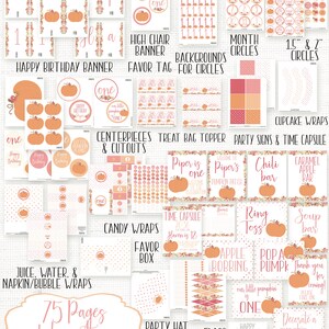 May include: A printable set of 75 pages of pumpkin-themed party decorations for a first birthday. The set includes a variety of items, such as banners, cupcake wrappers, treat bag toppers, and food labels. The decorations feature a pink and orange color scheme with a cute pumpkin design.