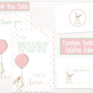 Puede incluir: Tarjetas de agradecimiento con un fondo de lunares rosa y blanco que presenta un conejo con un globo rosa. El texto dice "Gracias" y "&iexcl;Me encanta! Averie".