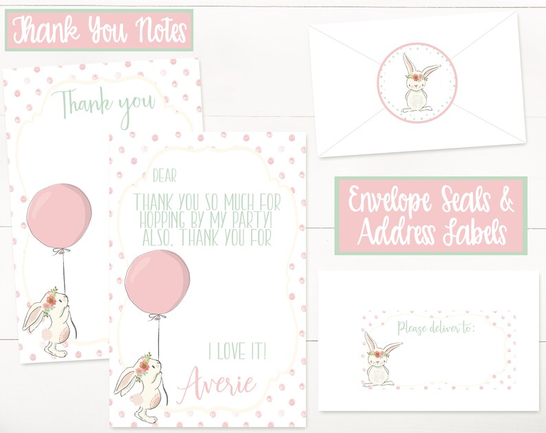Puede incluir: Tarjetas de agradecimiento con un fondo de lunares rosa y blanco que presenta un conejo con un globo rosa. El texto dice "Gracias" y "&iexcl;Me encanta! Averie".