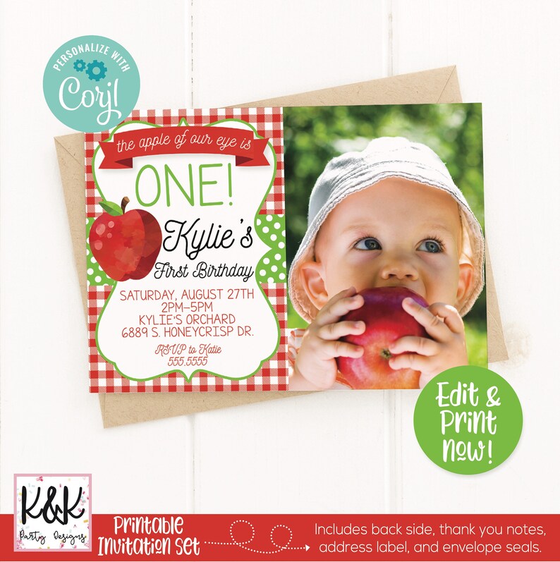 Apple Birthday Party Invitation, Apple of my eye, Apple Birthday Party Decorations, Girls First Birthday, 1st Birthday, Instant Download Bild 1
