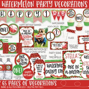 Puede incluir: Conjunto de decoraciones imprimibles para fiestas de sand&iacute;a con m&aacute;s de 65 p&aacute;ginas de archivos PDF digitales. Incluye una pancarta de feliz cumplea&ntilde;os, una pancarta de nombre, c&iacute;rculos de meses, una pancarta de silla alta, envoltorios y adornos para cupcakes, adornos para bolsas de golosinas, etiquetas de alimentos, envoltorios para jugo de agua y servilletas, envoltorios para dulces, un letrero de bienvenida, y mucho m&aacute;s. El tema es "One in a Melon!" y presenta un patr&oacute;n de sand&iacute;a con rayas verdes y rojas.