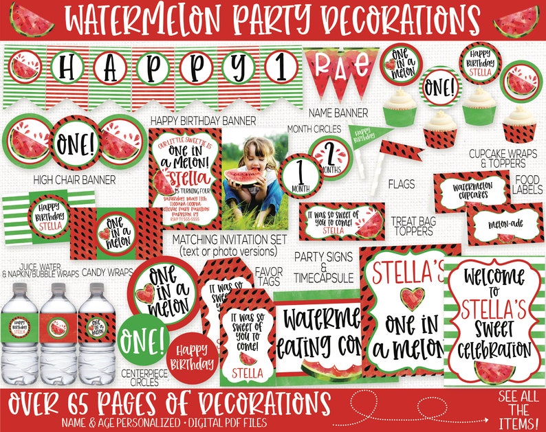 Puede incluir: Conjunto de decoraciones imprimibles para fiestas de sand&iacute;a con m&aacute;s de 65 p&aacute;ginas de archivos PDF digitales. Incluye una pancarta de feliz cumplea&ntilde;os, una pancarta de nombre, c&iacute;rculos de meses, una pancarta de silla alta, envoltorios y adornos para cupcakes, adornos para bolsas de golosinas, etiquetas de alimentos, envoltorios para jugo de agua y servilletas, envoltorios para dulces, un letrero de bienvenida, y mucho m&aacute;s. El tema es "One in a Melon!" y presenta un patr&oacute;n de sand&iacute;a con rayas verdes y rojas.