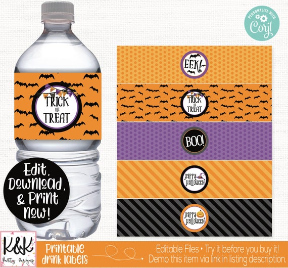 Halloween Water Bottle Label, Halloween Drink Bottle Label, Halloween Party Decorations, Kids Halloween, Halloween Printable, Editable Il_570xn