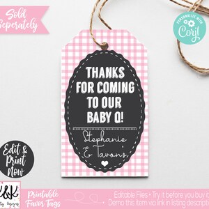 May include: Pink and white gingham favour tag with a black circle that says "Thanks for coming to our baby Q! Stephanie & Tavon's".