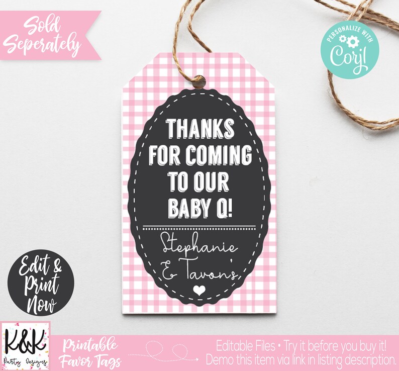 May include: Pink and white gingham favour tag with a black circle that says "Thanks for coming to our baby Q! Stephanie & Tavon's".