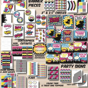 May include: A printable superhero party set with over 75 pages of decorations. The set includes a banner, cupcake wrappers, circles, backgrounds, centerpieces, mask cutouts, drink, napkin, and juice wraps, flags, candy wraps, food labels, coordinating papers, favor tags, treat bag toppers, party hats, and party signs. The set is personalized with a name and age.