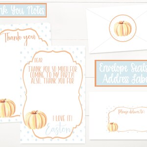 May include: Printable thank you cards with a watercolor pumpkin design. The cards feature blue polka dots and a space for writing a message. The text "Thank you" and "I love it! Easton" are included on the cards. The image also includes envelope seals and address labels with a pumpkin design.