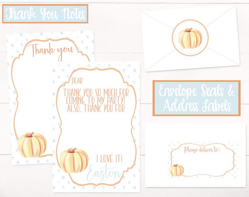 May include: Printable thank you cards with a watercolor pumpkin design. The cards feature blue polka dots and a space for writing a message. The text "Thank you" and "I love it! Easton" are included on the cards. The image also includes envelope seals and address labels with a pumpkin design.