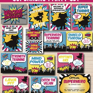 May include: A superhero party set with colorful cards featuring a superhero theme. The cards have text such as "Welcome Superheroes", "Superhero Training", "Strength Training", "Mind Power", "Lava Pit", "Catch the Villain", "Kryptonite Race", "Shield Throw", "Super Thanks", and "Official Superhero Certificate".