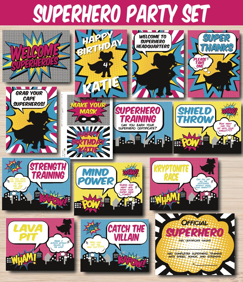 May include: A superhero party set with colorful cards featuring a superhero theme. The cards have text such as "Welcome Superheroes", "Superhero Training", "Strength Training", "Mind Power", "Lava Pit", "Catch the Villain", "Kryptonite Race", "Shield Throw", "Super Thanks", and "Official Superhero Certificate".