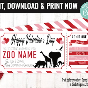 Valentine&#39;s Day Zoo Membership Surprise Gift Voucher, Zoo Surprise Trip Printable Template Gift Card, Editable Instant Download Certificate