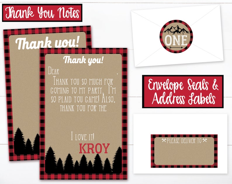 May include: Thank you notes with a red and black buffalo plaid border. The notes are printed on kraft paper and feature a black silhouette of pine trees. The text on the notes reads "Thank you!" and "Thank you so much for coming to my party. I'm so plaid you came! Also, thank you for the... I love it! Kroy".