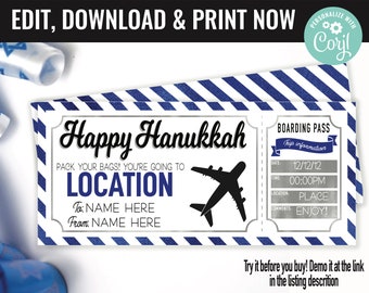 Hanukkah Boarding Pass Surprise Gift Voucher, Surprise Flight Trip Printable Template Gift Card, Editable Instant Download Certificate