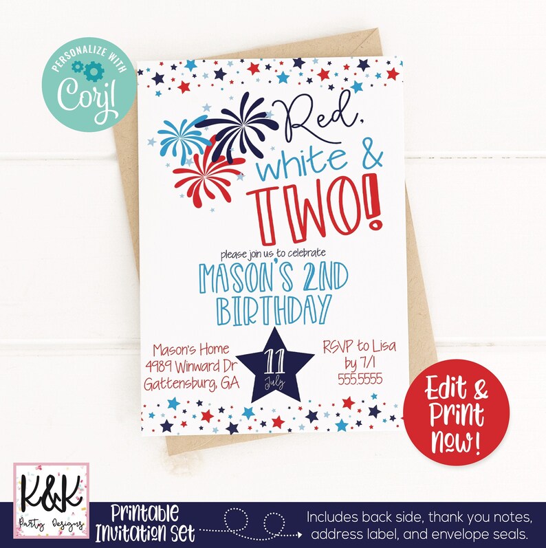 May include: Red, white, and blue printable invitation set for a 2nd birthday party. The invitation features fireworks, stars, and the text "Red, white & TWO!"  The invitation includes the text "Please join us to celebrate Mason's 2nd Birthday" and the date "July 11th".