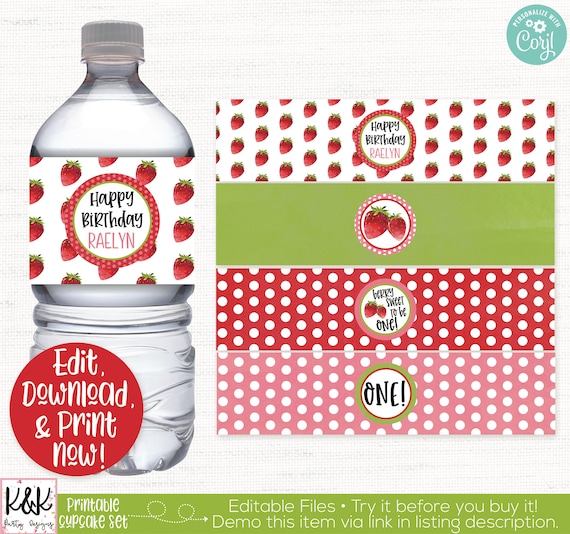 Strawberry Water Bottle Labels, Strawberry Drink Wraps, Strawberry Water Wraps, Strawberry Birthday Party Decorations, Berry Sweet to be one Il_570xn