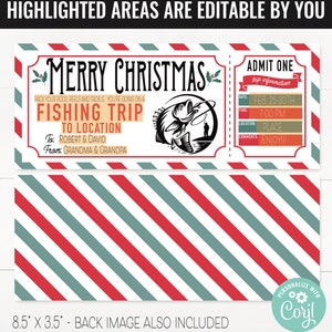 May include: A printable Christmas gift certificate for a fishing trip. The certificate is designed to look like a vintage ticket with a red and white striped background. The text on the certificate reads "Merry Christmas, Pack your rods, reels and tackle, you're going on a fishing trip to location. To: Robert & David, From: Grandma & Grandpa. Admit One, Trip Information, Date: Feb. 25-30th, Time: 7:00 PM, Location: Place, Comments: Enjoy!!!"