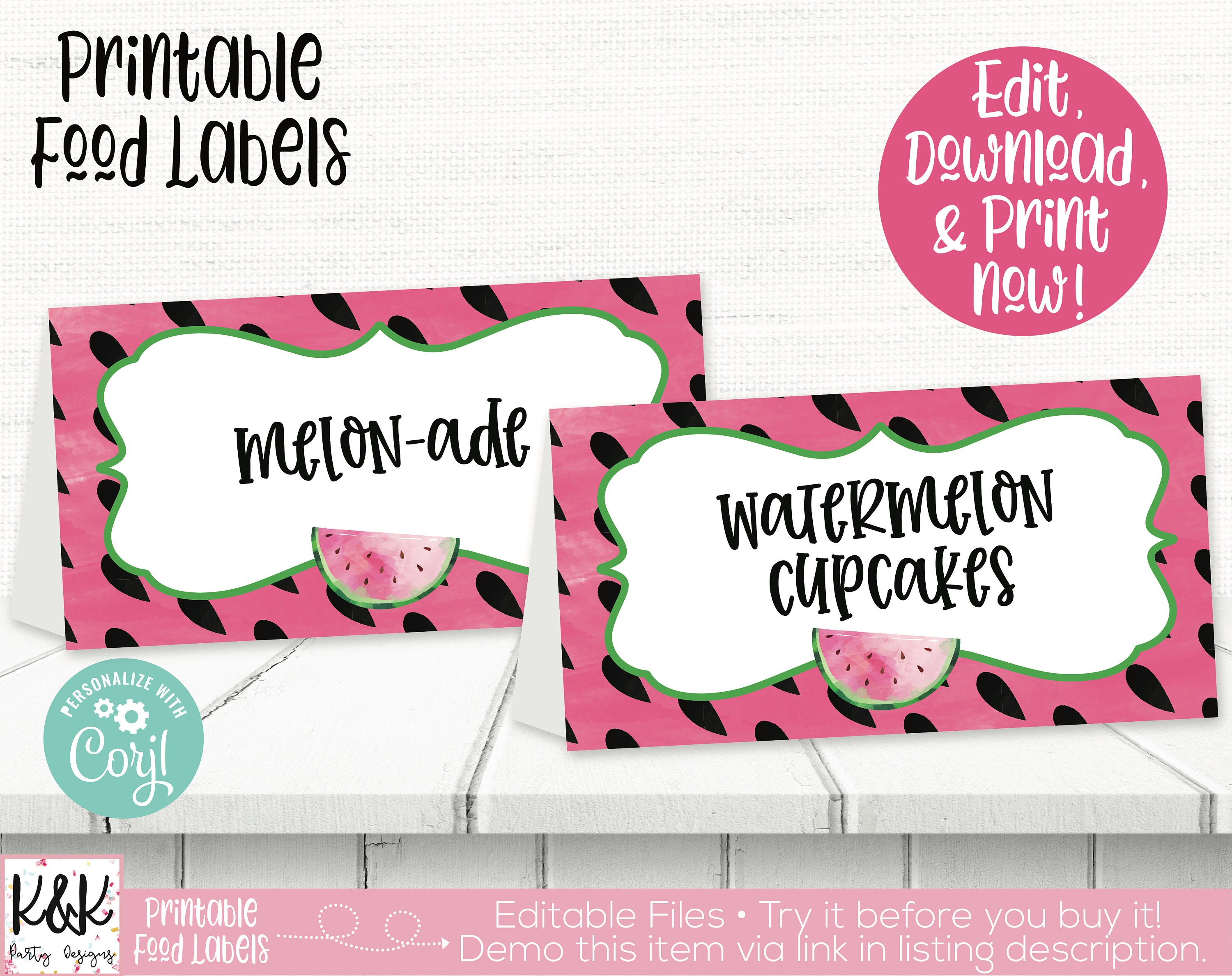 Watermelon Food Labels One in a Melon Watermelon Birthday Etsy
