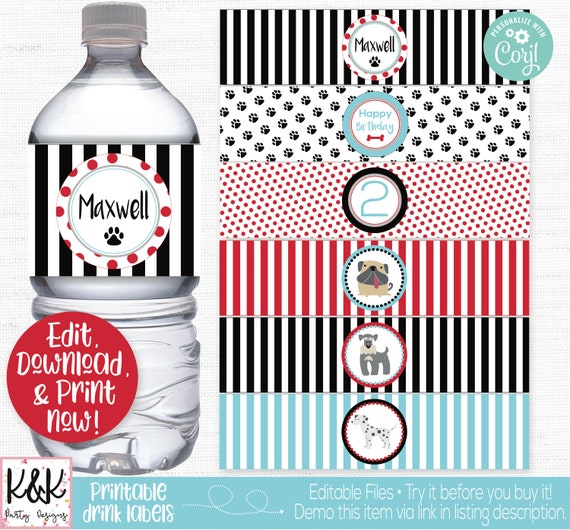 Puppy Dog Water Bottle Labels, Puppy Dog Drink Labels, Puppy Dog Birthday Party Decorations, Puppy Printable, Editable, 1st Birthday, First Il_570xn