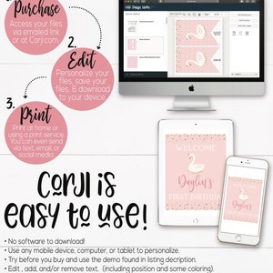 May include: A pink and gold printable party sign with a white swan and the text "Welcome Daylin's First Birthday". The sign is shown on a tablet and a smartphone.