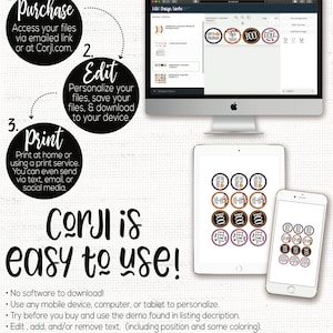 Peut inclure: Une plateforme de conception num&eacute;rique appel&eacute;e Corjl est facile &agrave; utiliser. L'image montre un &eacute;cran d'ordinateur avec un &eacute;diteur de conception, une tablette avec une grille de d&eacute;corations de cupcakes d'Halloween et un smartphone avec une grille similaire de d&eacute;corations. Le texte sur l'&eacute;cran dit "Halloween Cupcake Toppers". Le texte sur la tablette et le smartphone dit "BOO!" et "EEK!"