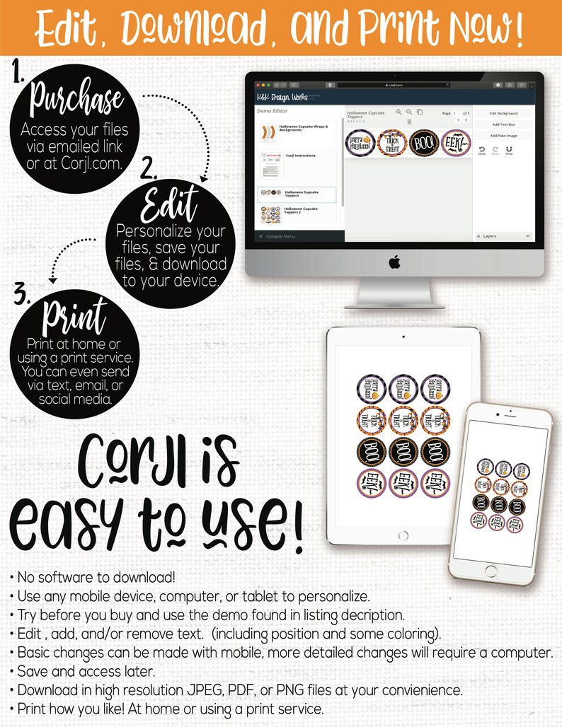 Peut inclure: Une plateforme de conception num&eacute;rique appel&eacute;e Corjl est facile &agrave; utiliser. L'image montre un &eacute;cran d'ordinateur avec un &eacute;diteur de conception, une tablette avec une grille de d&eacute;corations de cupcakes d'Halloween et un smartphone avec une grille similaire de d&eacute;corations. Le texte sur l'&eacute;cran dit "Halloween Cupcake Toppers". Le texte sur la tablette et le smartphone dit "BOO!" et "EEK!"