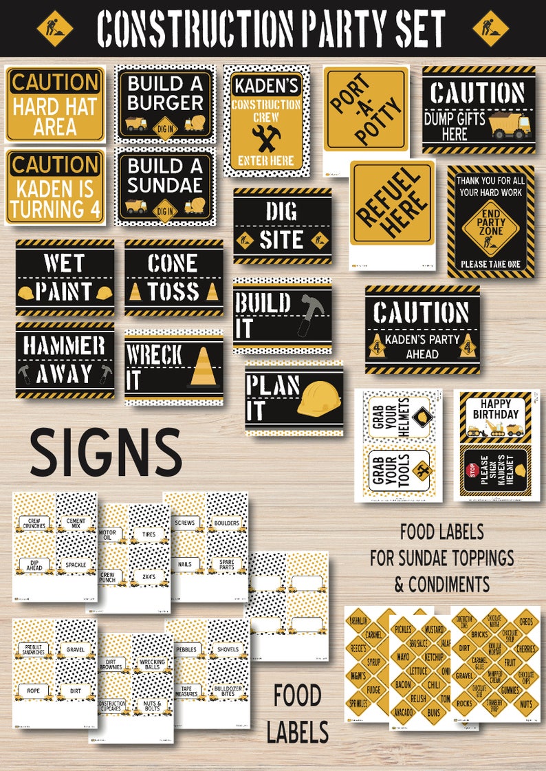 Puede incluir: Conjunto de fiesta de construcci&oacute;n con letreros, etiquetas de comida y una pancarta de feliz cumplea&ntilde;os. Los letreros presentan gr&aacute;ficos y texto de tem&aacute;tica de construcci&oacute;n en negro y amarillo, como "Precauci&oacute;n &Aacute;rea de Casco", "Construye una Hamburguesa" y "Sitio de Excavaci&oacute;n". Las etiquetas de comida son negras y amarillas con lunares blancos y presentan palabras de tem&aacute;tica de construcci&oacute;n como "Mezcla de Cemento", "Aceite de Motor" y "Bolas de Demolici&oacute;n". La pancarta de feliz cumplea&ntilde;os es amarilla y negra con un cami&oacute;n de construcci&oacute;n y el texto "Feliz Cumplea&ntilde;os".