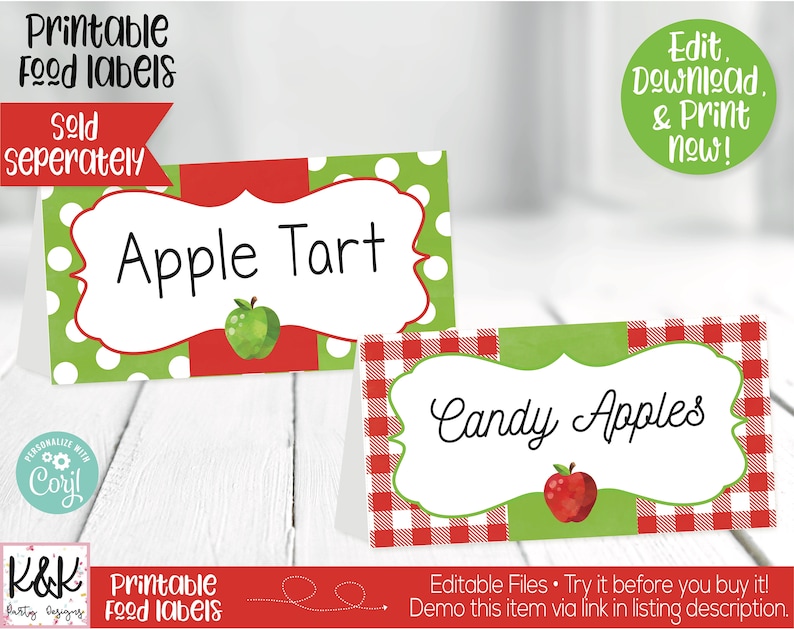 Op de afbeelding: Printbare voedseletiketten voor een appelthemafeest. De etiketten hebben rode en groene ruitjes en stippen met witte tekst. De etiketten zeggen "Appeltaart" en "Suikerappels".