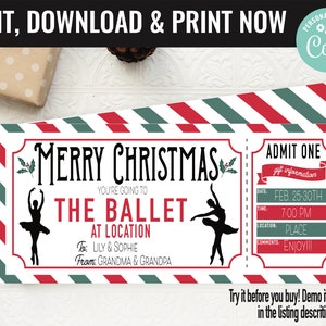 Christmas Surprise Ballet Ticket Gift Voucher, Ballet Nutcracker Printable Template Gift Card, Editable Instant Download Gift Certificate