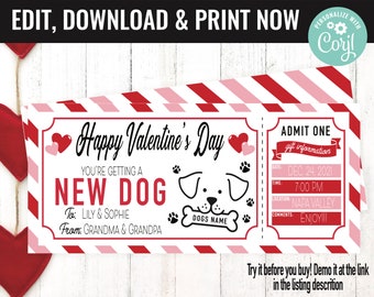 Valentine's Surprise New Puppy Dog Gift Voucher, New Puppy Dog Gift Printable Template Gift Card, Editable Instant Download Gift Certificate
