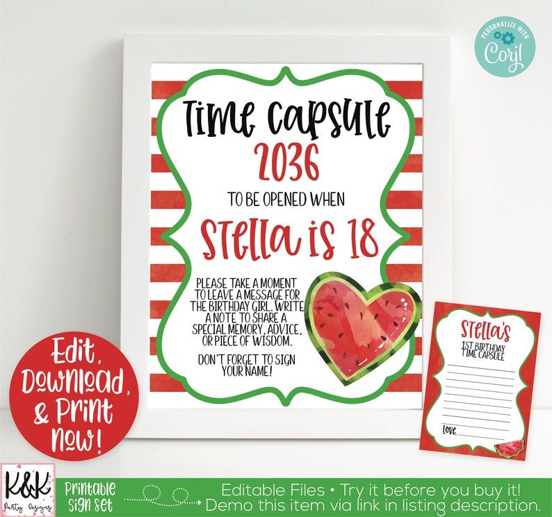 Puede incluir: Conjunto de carteles imprimibles para una c&aacute;psula del tiempo con tem&aacute;tica de sand&iacute;a. El cartel dice "Time Capsule 2036 To Be Opened When Stella is 18". Incluye una nota para que los invitados dejen un mensaje para Stella.