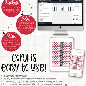 May include: A computer screen showing a design editor with a baseball-themed label design. The design features red, white, and blue stars and the text "Coll Star". The screen is surrounded by text that reads "Edit, Download, and Print Now!" and instructions for using the design editor. The text "Corjl is easy to use!" is also displayed.