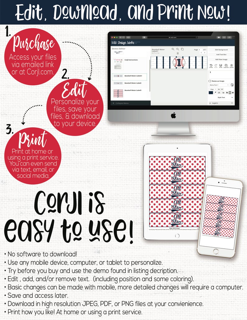 May include: A computer screen showing a design editor with a baseball-themed label design. The design features red, white, and blue stars and the text "Coll Star". The screen is surrounded by text that reads "Edit, Download, and Print Now!" and instructions for using the design editor. The text "Corjl is easy to use!" is also displayed.