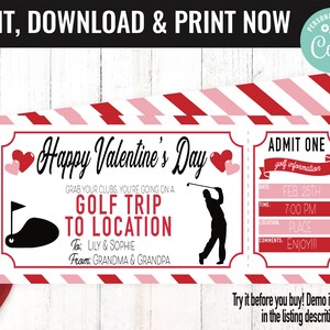 Valentine&#39;s Day Golf Trip Surprise Gift Voucher, Golfing Trip Surprise Printable Template Gift Card, Editable Instant Download Certificate