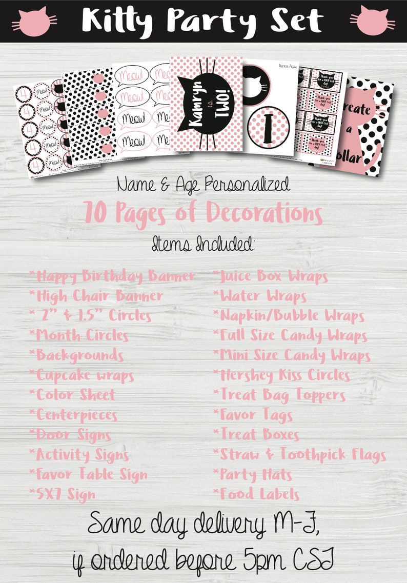 Op de afbeelding: Een printbare feestdecoratieset voor een kitty-themafeest. De set bevat 10 pagina's met decoraties, waaronder een happy birthday banner, een hoge stoelbanner, cirkels, achtergronden, cupcake-verpakkingen, een kleurvel, tafeldecoraties, deurstickers, activiteitenborden, een cadeautafelbord, een 5x7-bord, sapdoosverpakkingen, waterverpakkingen, servet-/bellenverpakkingen, snoepverpakkingen in volledige maat, snoepverpakkingen in mini-maat, Hershey Kiss-cirkels, traktatiezak-toppers, cadeaulabels, traktatieboxen, rietjes- en tandenstoker-vlaggen, feestmutsen en voedseletiketten. De set is gepersonaliseerd met de naam "Kamryn" en de leeftijd "Two!" en heeft een zwart-roze kleurenschema met stippen en een schattig kattenmotief.