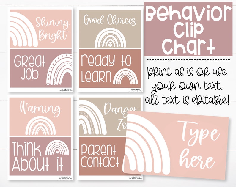Pu&ograve; includere: Un grafico di comportamento stampabile con un tema arcobaleno. Il grafico ha diversi livelli di comportamento, tra cui "Shining Bright", "Great Job", "Ready to Learn", "Warning", "Think About It", "Danger Zone" e "Parent Contact". Il grafico include anche il testo "Behavior Clip Chart" e "Stampa cos&igrave; com'&egrave; o usa il tuo testo. Tutto il testo &egrave; modificabile!"