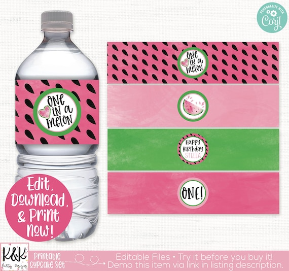 Watermelon Water Bottle Labels, Watermelon Birthday Party Decorations, One in a Melon, Watermelon Printable, Drink Labels, Editable, 1st Il_570xn