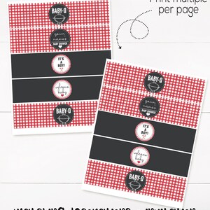 May include: Printable baby shower bottle labels with a red and white checkered pattern. The labels feature a black and white design with the text "Baby-Q", "It's a Boy!" and "Welcome Baby".