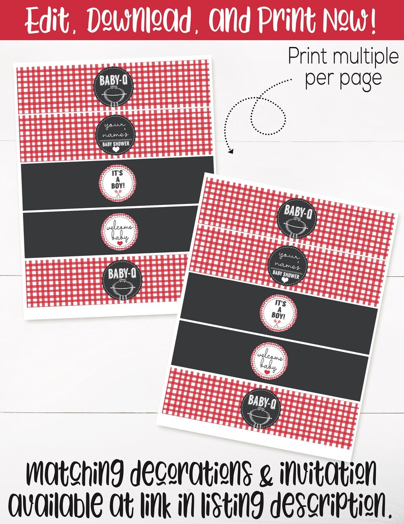 May include: Printable baby shower bottle labels with a red and white checkered pattern. The labels feature a black and white design with the text "Baby-Q", "It's a Boy!" and "Welcome Baby".