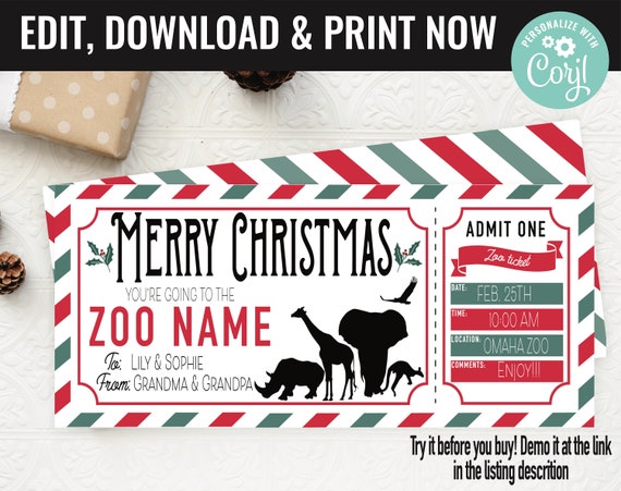 Zoo Ticket Surprise Gift Voucher, Zoo Surprise Trip Printable Template Gift Card, Editable Instant Download Certificate, Christmas Gift Il_570xn