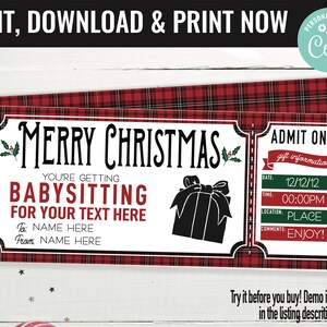 Christmas Surprise Babysitting Gift Voucher, Babysitting Gift Printable Template Gift Card, Editable Instant Download Gift Certificate