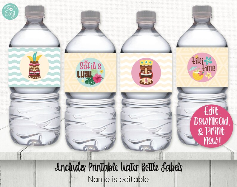 Pu&ograve; includere: Quattro etichette per bottiglie d'acqua stampabili a tema luau. Le etichette presentano un idolo tiki, fiori tropicali e il testo "Sofia's Luau" e "Liki Lime".