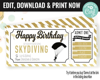 Birthday Surprise Skydiving Experience Gift Voucher, Skydiving Trip Printable Template Gift Card, Editable Instant Download Gift Certificat