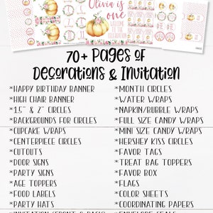 May include: A printable pumpkin-themed party set with the text "Pumpkin Party Set" and "Olivia is one." Includes banners, circles, cupcake wraps, favor tags, and more. The design features pumpkins and floral accents.