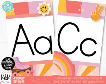 Retro Groovy Theme Classroom Alphabet Banner Printable, Teacher Supply, Classroom Teacher Decoration and Supplies, Alphabet Wall Poster Card