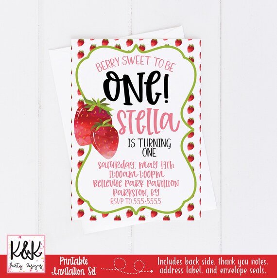 Strawberry Birthday Party Invitation, Strawberry Birthday Party Decorations, Berry Sweet, Printable, Girl 1st Birthday, First Birthday, Il_570xn