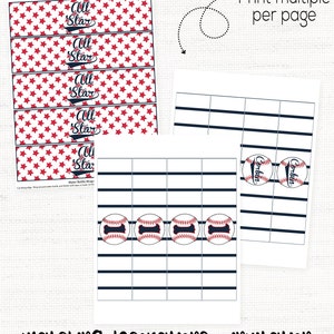 May include: Printable water bottle labels featuring a red, white and blue star pattern with the text "All Star". The labels are designed to be printed multiple times per page. There are also printable labels with a baseball graphic and the text "Corbin".