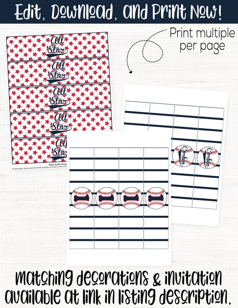 May include: Printable water bottle labels featuring a red, white and blue star pattern with the text "All Star". The labels are designed to be printed multiple times per page. There are also printable labels with a baseball graphic and the text "Corbin".