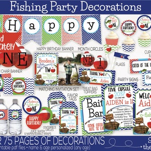 May include: A set of printable fishing party decorations for a first birthday. The decorations feature a red and white fishing bobber, blue and white waves, and green and white fish. The text "Aiden's o-fish-ally one" is featured on several of the decorations. The decorations include a high chair banner, cupcake wrappers, food labels, party signs, favor tags, treat bag toppers, and more.