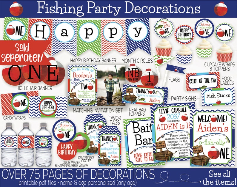 May include: A set of printable fishing party decorations for a first birthday. The decorations feature a red and white fishing bobber, blue and white waves, and green and white fish. The text "Aiden's o-fish-ally one" is featured on several of the decorations. The decorations include a high chair banner, cupcake wrappers, food labels, party signs, favor tags, treat bag toppers, and more.